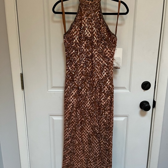NWT Mac Duggal high halter sequin cocktail dress in copper - Picture 2 of 12